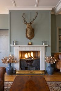 image of a roaring fire with a stags head mounted on the wall above