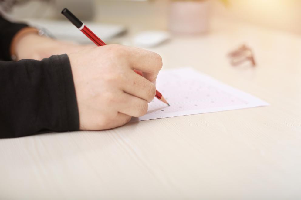 School pupil writing on sheet of paper