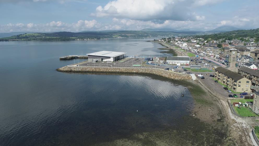 An aerial view of the Helensburgh Waterfront including the new leisure centre and car park