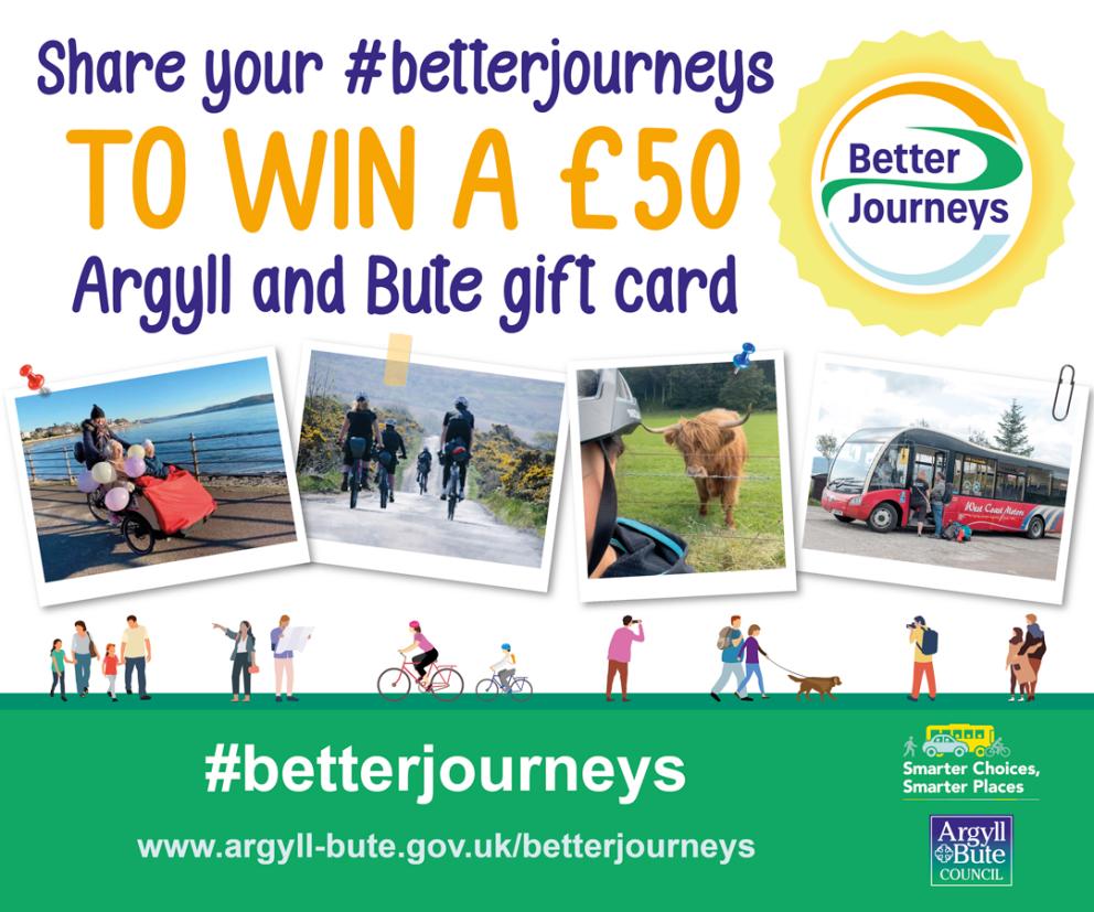 Image shows different photos of people on bikes and on bus with the words share your better journeys to win a prize 