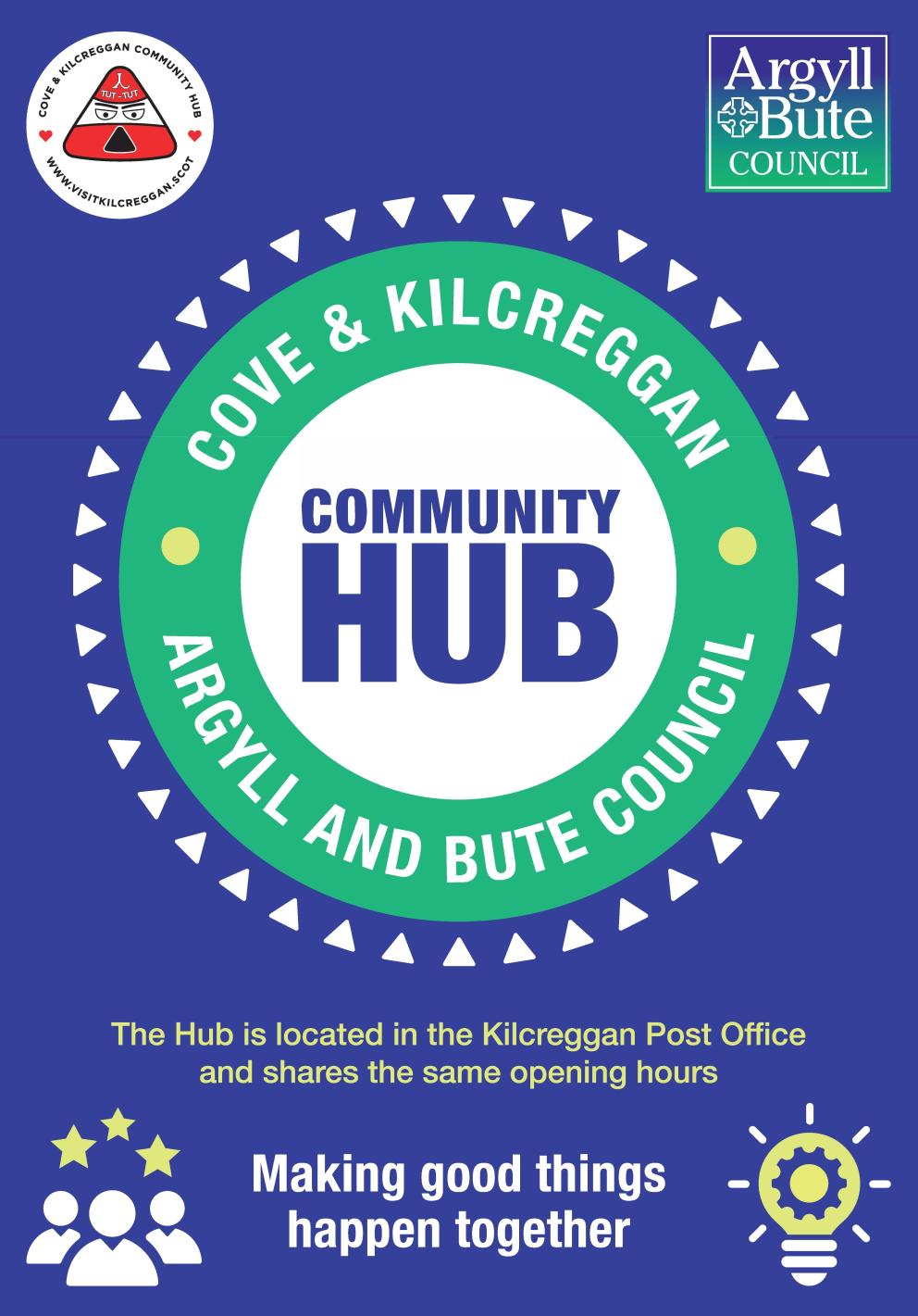 Image shows a green outer circle on a blue background with a white centre with the words community hub