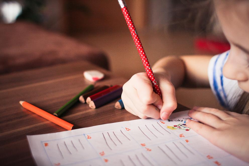 A photo of a school child in class