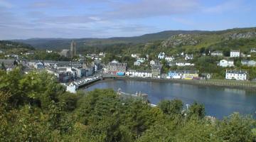 Photo taken above Tarbert and shows the harbour and village