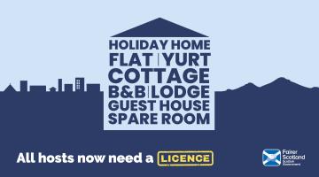 Image shows a graphic with examples of accomodation that requires a licence. These include guest rooms, cottages and holiday homes. To the bottom of the graphic, the text says , all hosts now need a licence 