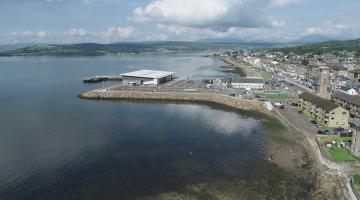 An aerial view of the Helensburgh Waterfront including the new leisure centre and car park