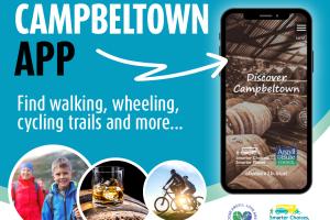 Image shows a mobile phone with the Discover Campbeltown app loaded with the words find walking, wheeling, cycling trails and more