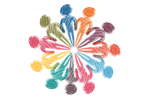 A graphic shows a circle of multicolored figures  